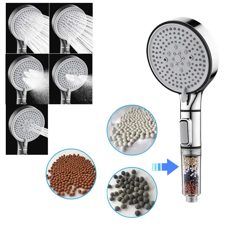 Chrome 5 speed calcium sulfite shower head with chrome finish and transparent filter cartridge with multicolored beads