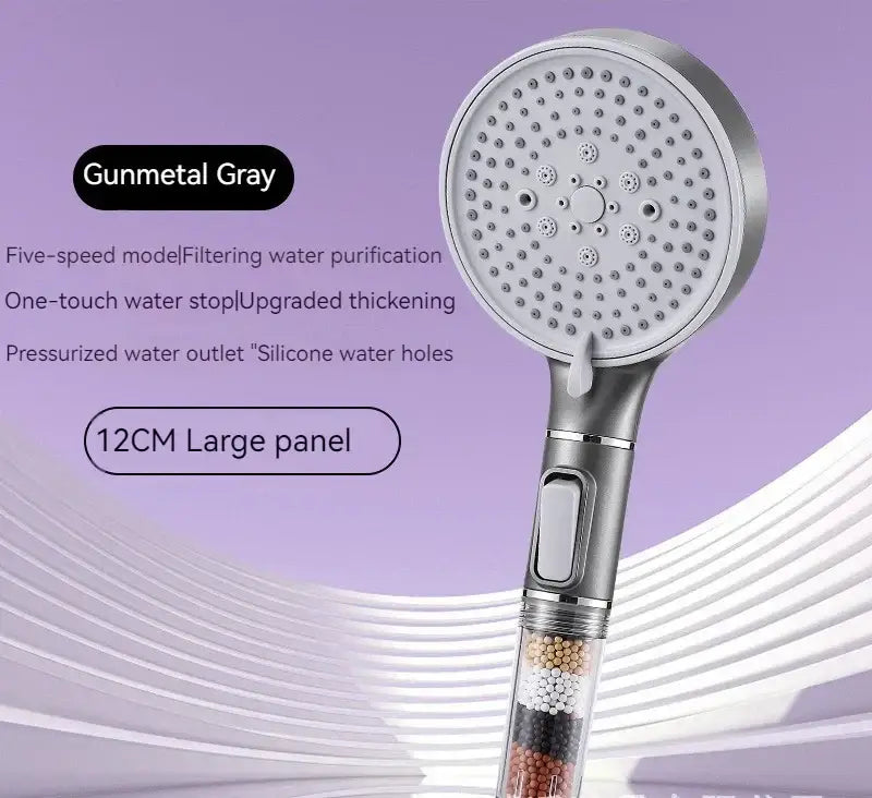 Gunmetal gray shower head with circular silicone water holes and transparent handle revealing calcium sulfite filter beads