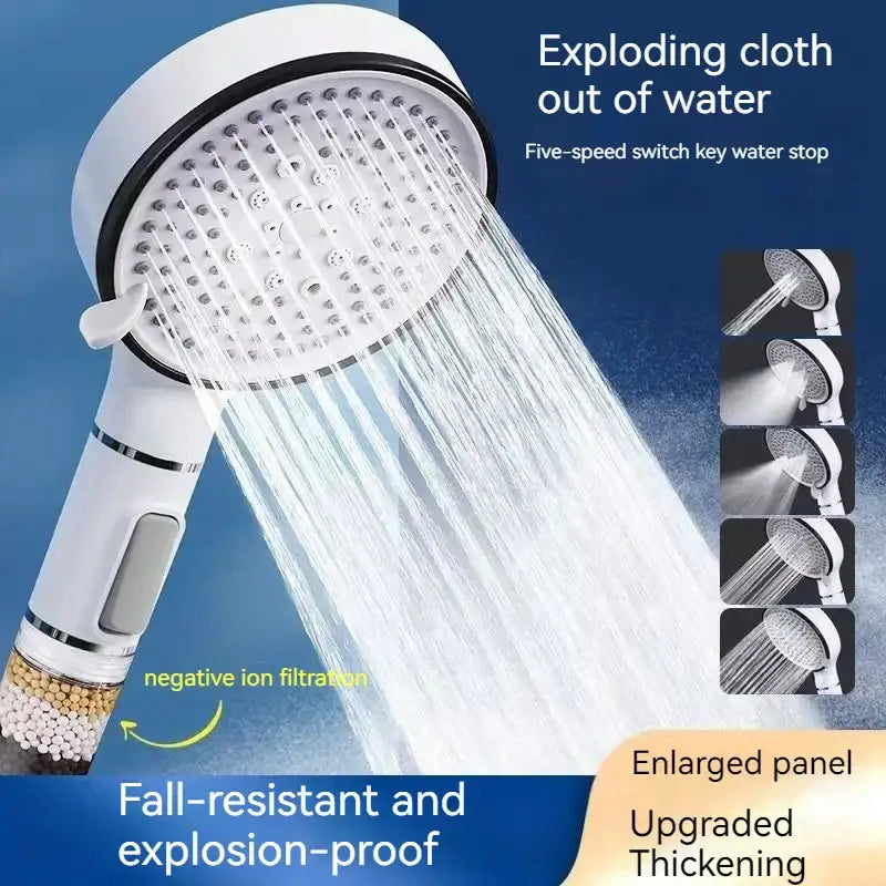 White handheld chrome sulfite shower head with five-speed switch and multiple nozzles for adjustable water flow