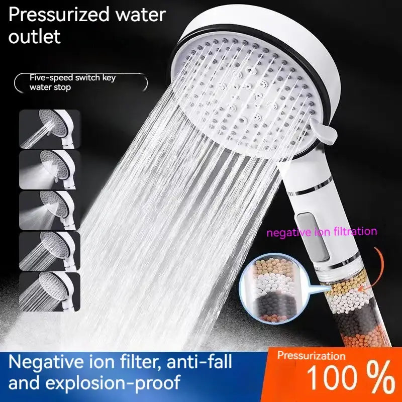 White handheld chrome shower head with calcium sulfite filter and five spray speeds for negative ion filtration