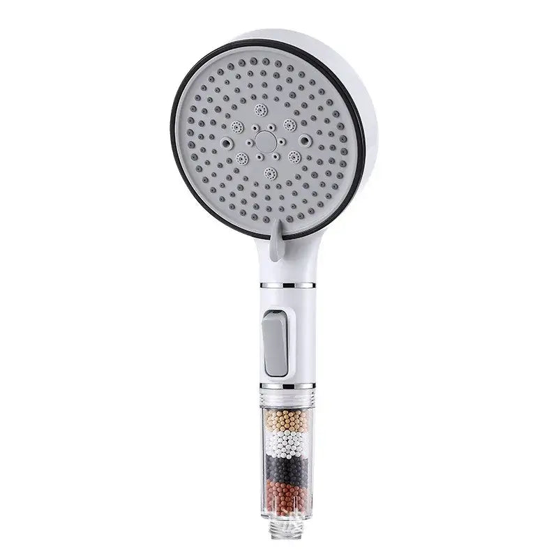 White handheld chrome shower head with calcium sulfite filter cartridge and five-speed spray nozzles for bathroom use