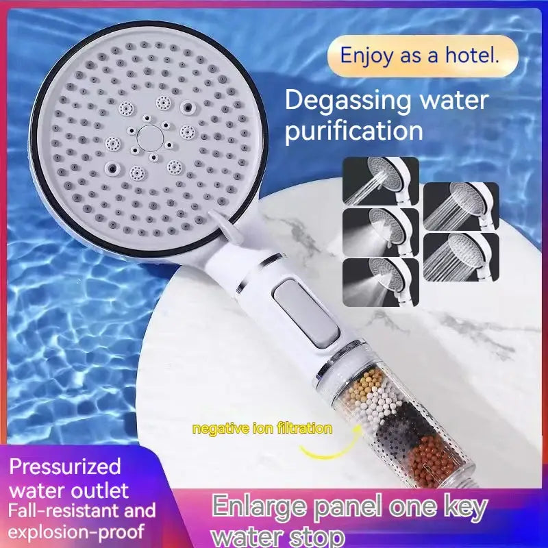 White chrome 5 speed calcium sulfite shower head with circular nozzles and transparent filter cartridge with colored beads
