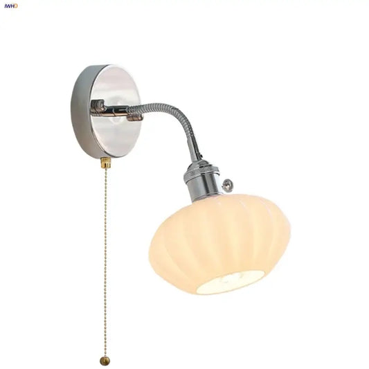Chrome adjustable arm wall lamp with ribbed frosted glass shade and brass pull chain for bedroom decorbites adjustable arm