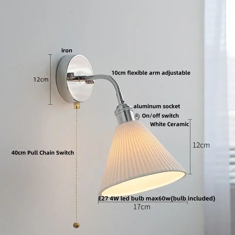 White ceramic wall lamp with chrome adjustable arm and ribbed glass shade ideal for bedroom decorbites adjustable arm