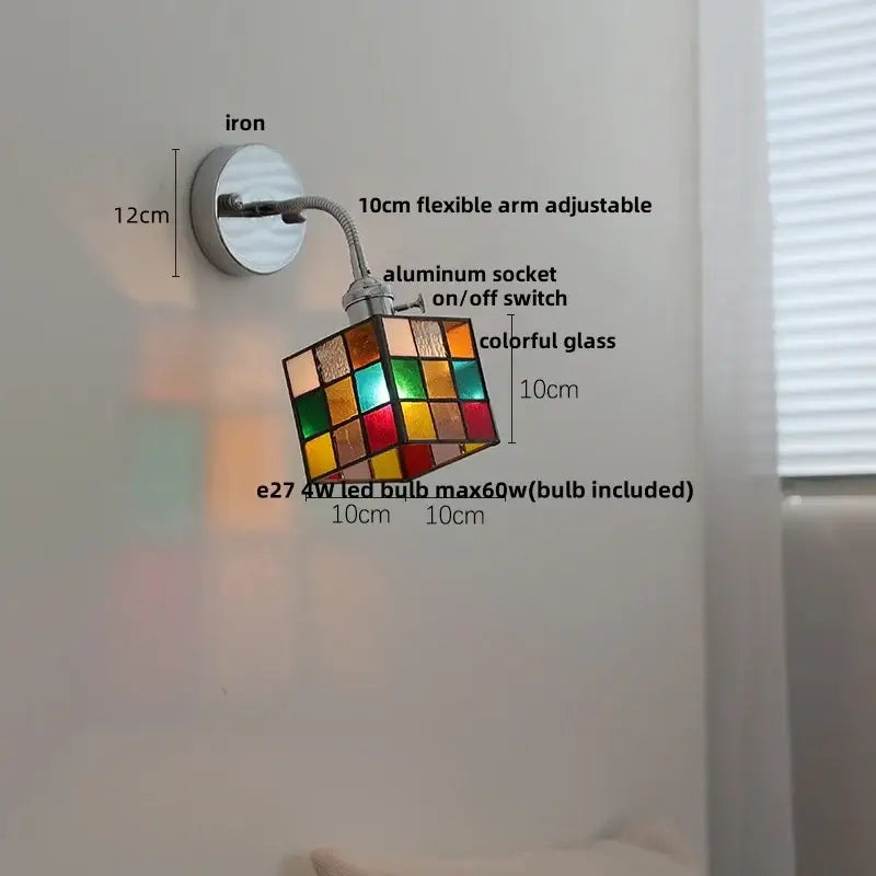 Colorful stained glass cube wall lamp with adjustable arm and iron bracket for bedroom decorbites adjustable arm design