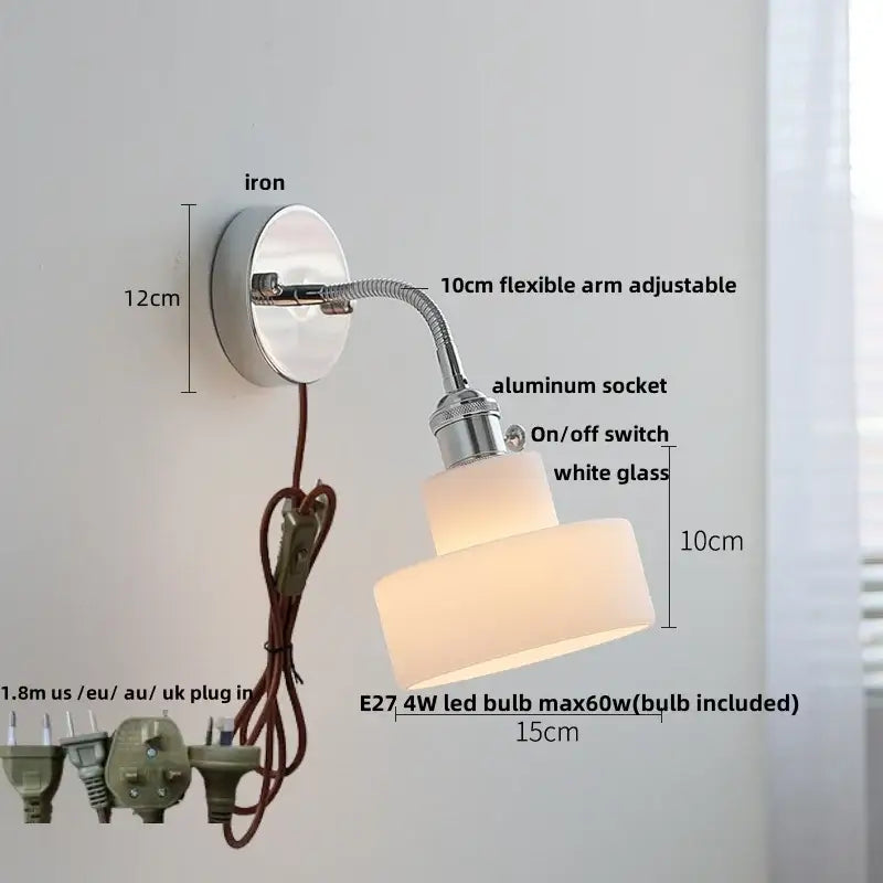 Chrome adjustable arm wall lamp with ribbed white glass shade and flexible 10cm arm for decorbites adjustable arm wall lamp