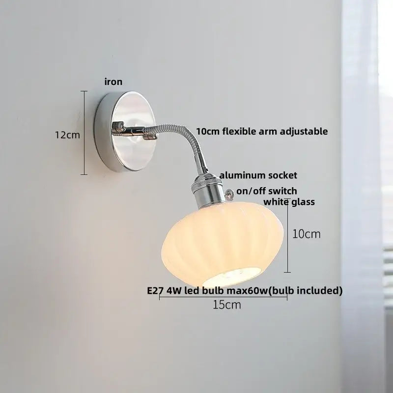 Chrome adjustable arm wall lamp with chrome iron base and white ribbed glass shade for bedroom decorbites adjustable arm