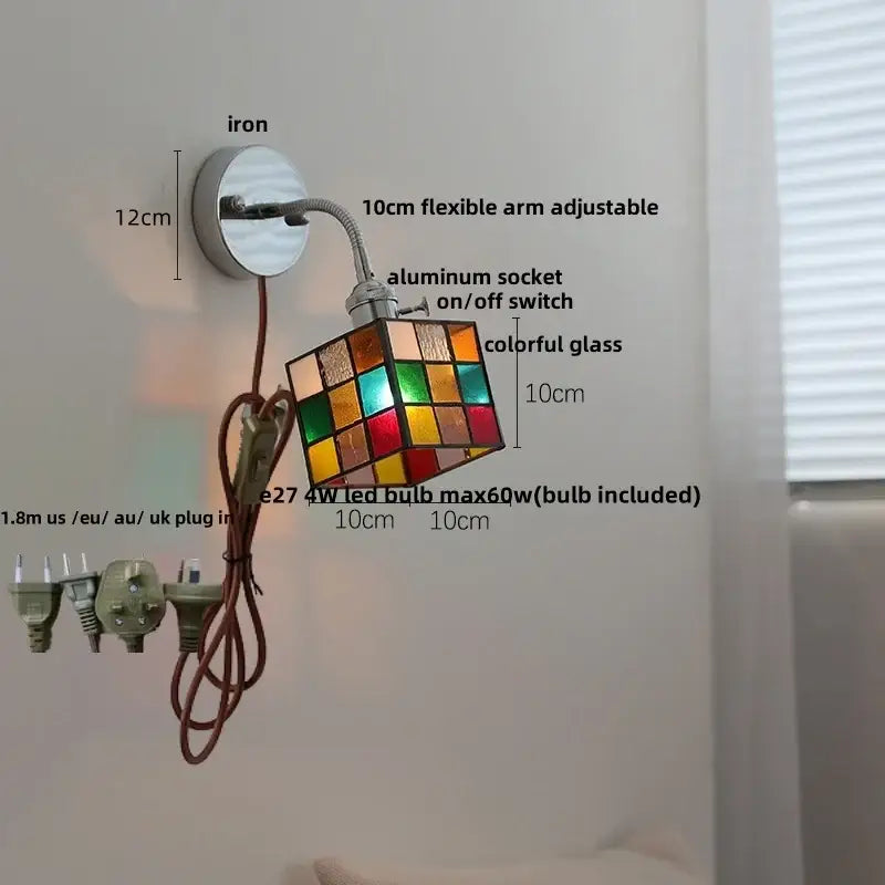 Chrome adjustable arm wall lamp with colorful stained glass cube shade and iron base for decorbites adjustable arm lighting