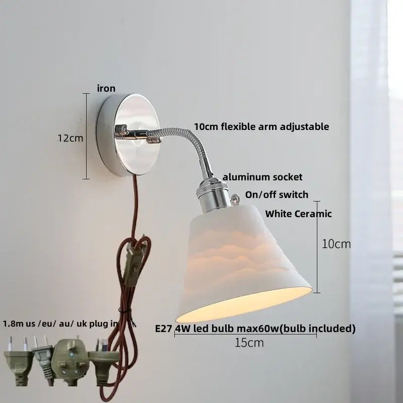 Chrome adjustable arm wall lamp with flexible arm, iron base, white ceramic shade for bedroom decorbites adjustable arm