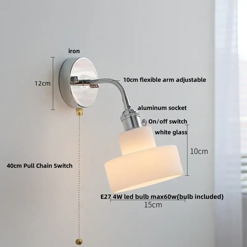 Chrome adjustable arm wall lamp with chrome iron base and two stacked white glass shades for bedroom decorbites adjustable arm