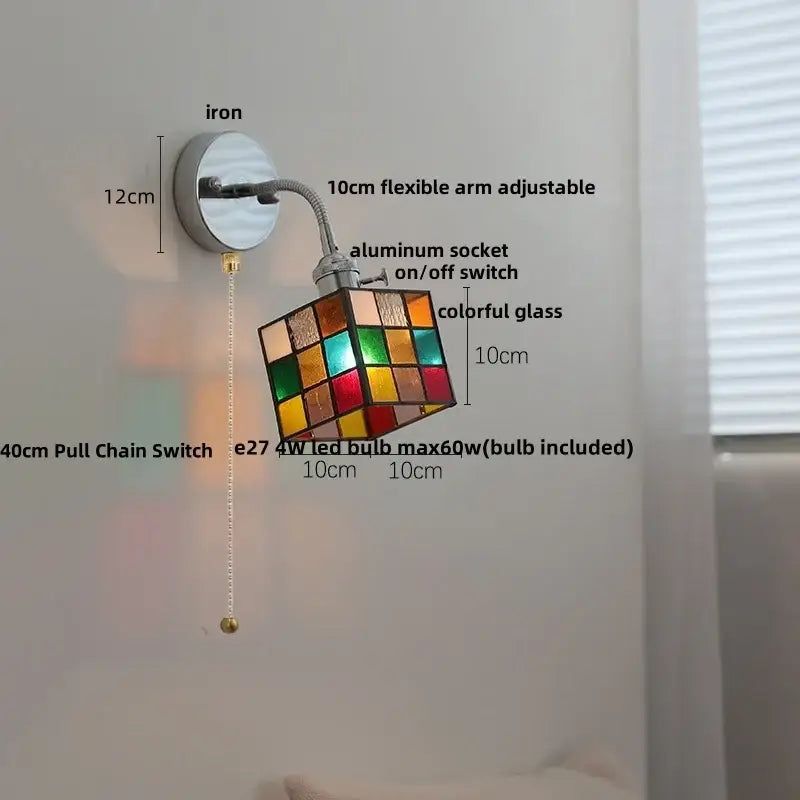 Colorful stained glass cube wall lamp with adjustable flexible arm and pull chain switch for bedroom decorbites adjustable arm
