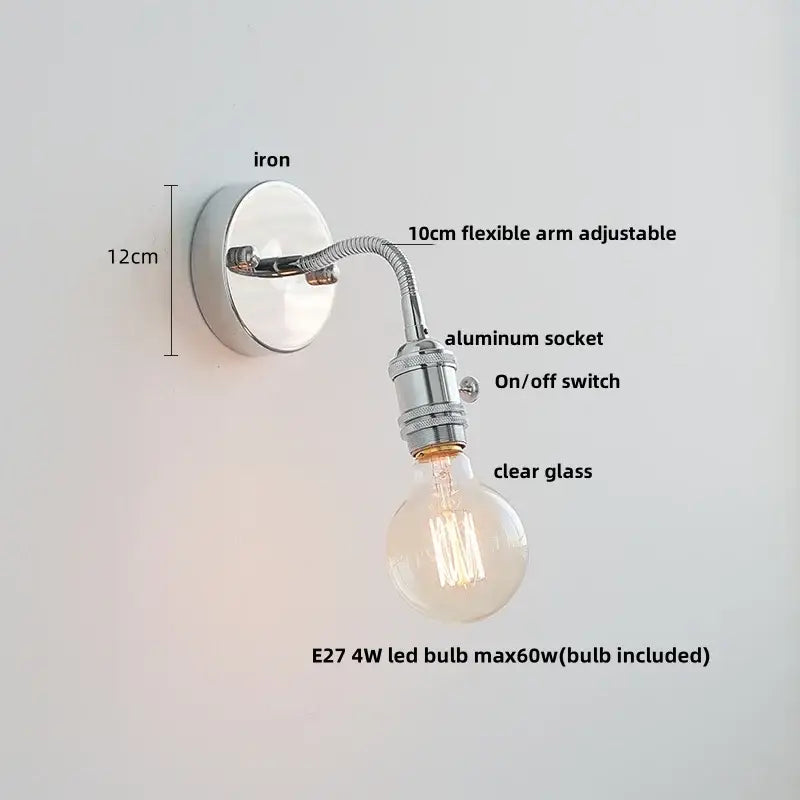 Chrome adjustable arm wall lamp with flexible 10cm arm aluminum socket and clear glass bulb for bedroom decorbites adjustable arm