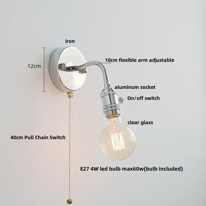 Chrome adjustable arm wall lamp with flexible 10cm arm aluminum socket and clear glass bulb for bedroom decorbites adjustable arm
