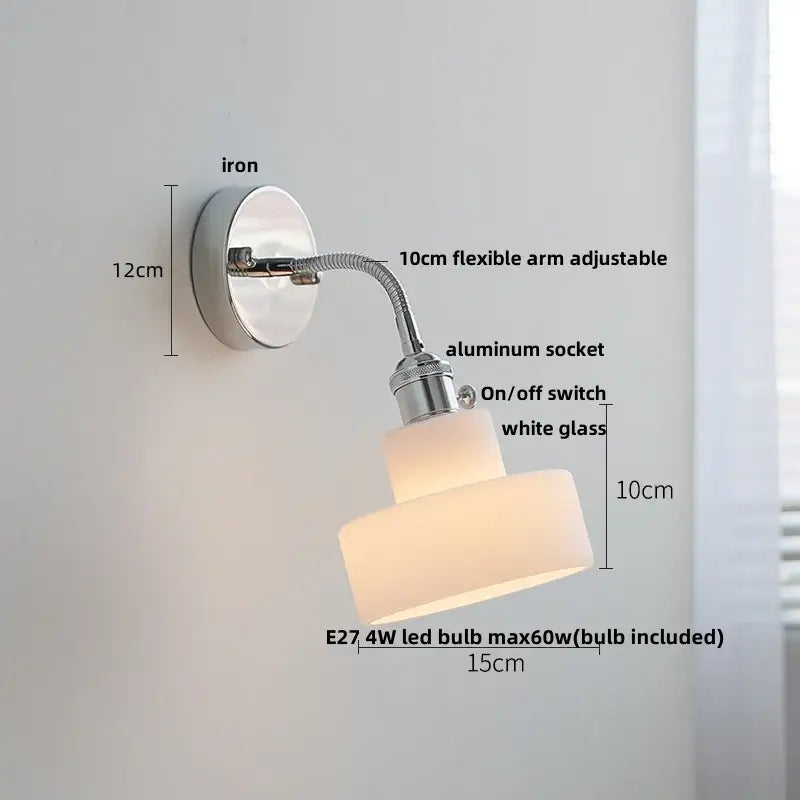 Chrome adjustable arm wall lamp with flexible chrome iron base and two stacked white ribbed glass shades for bedroom decorbites adjustable arm
