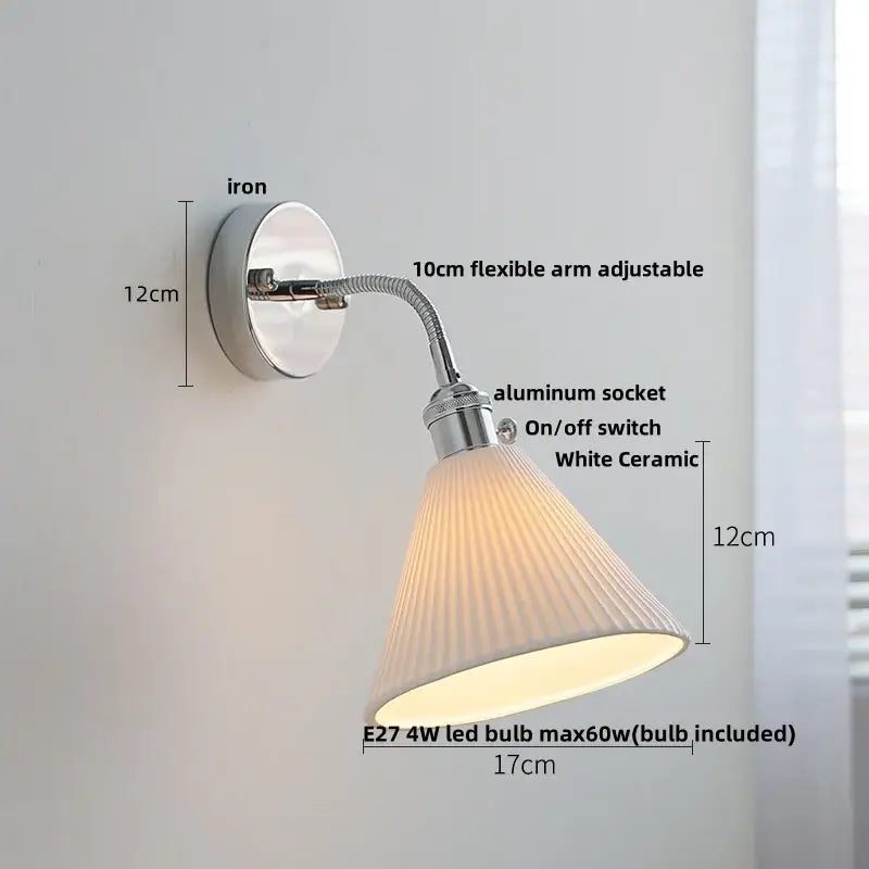 A sleek white ceramic wall lamp with a ribbed glass shade and chrome adjustable arm for bedroom decorbites adjustable arm