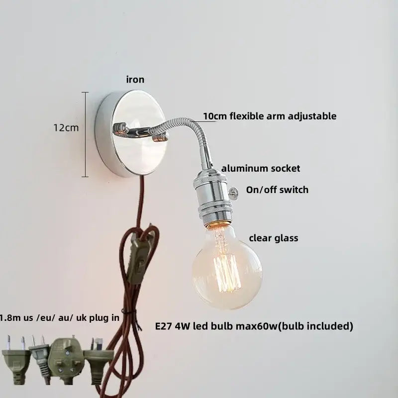 Chrome adjustable arm wall lamp with 10cm flexible arm, aluminum socket, clear bulb, and ribbed glass shade for bedroom decorbites adjustable arm wall lamp