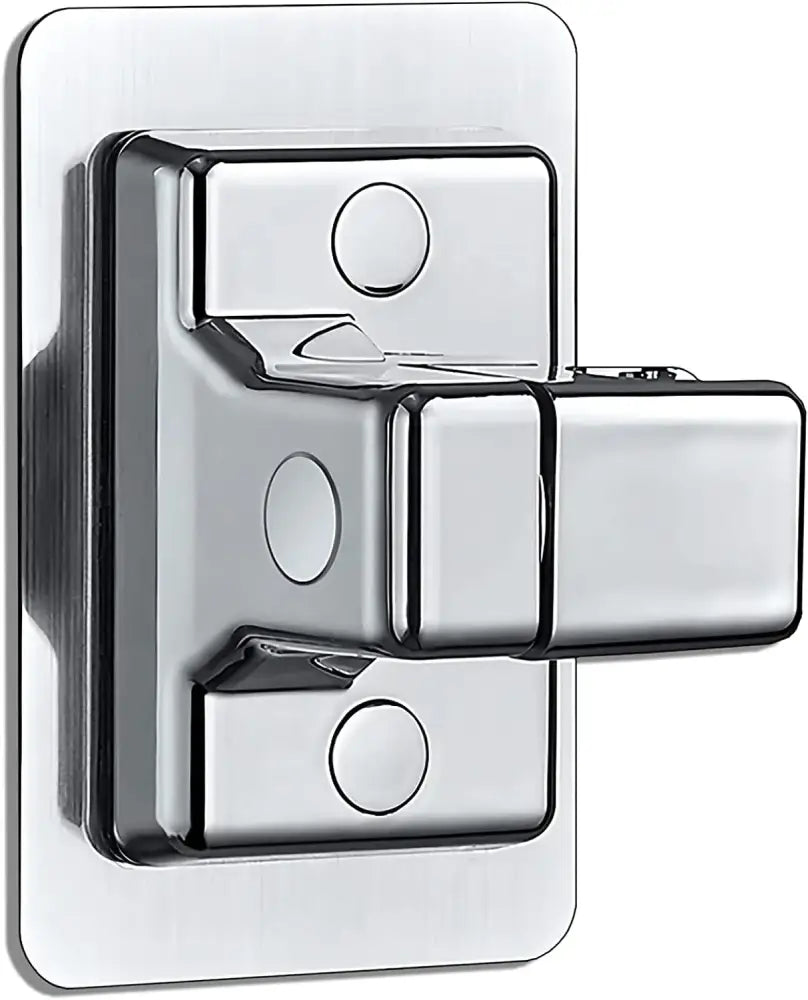 Chrome finished metal shower head holder with sleek rectangular design and three circular indentations for bathroom use