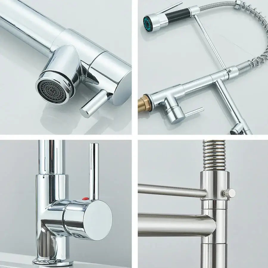 Chrome and black dual spout brass kitchen sink faucet with flexible gooseneck spout and pull-out spray head decorbites dual spout