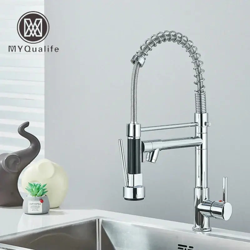 Chrome and black dual spout brass kitchen sink faucet with chrome finished flexible gooseneck and pull-down spray head decorbites dual spout