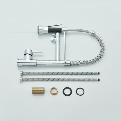 Chrome and black dual spout brass kitchen sink faucet with flexible coiled hose and blue and red braided hoses for decorbites dual spout