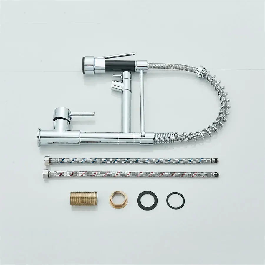 Chrome and black dual spout brass kitchen sink faucet with flexible coiled hose and blue and red braided hoses for decorbites dual spout