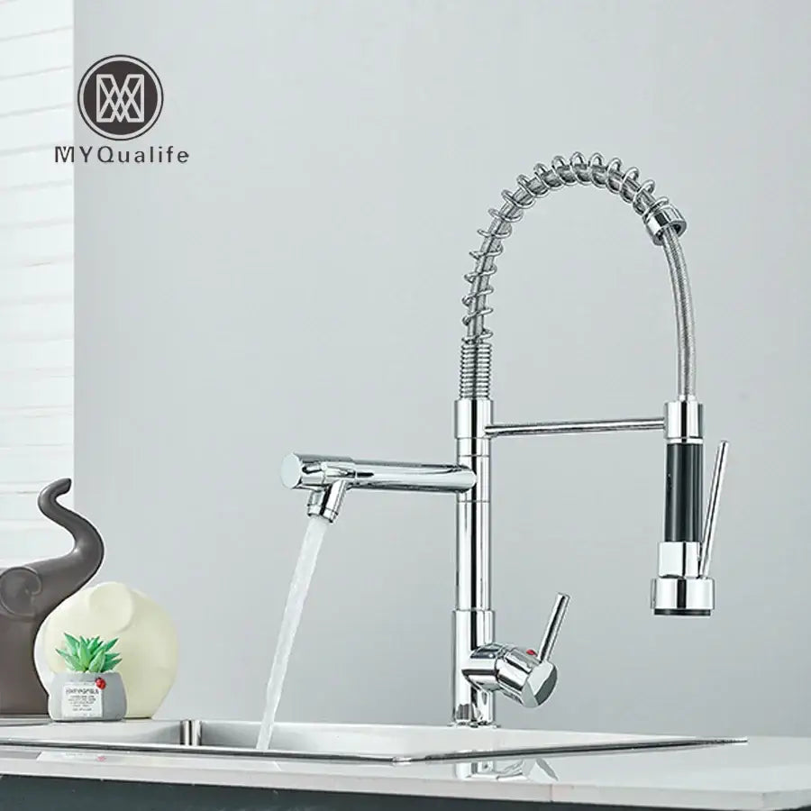 Chrome and black dual spout brass kitchen faucet with flexible coiled hose and pull-down spray head for decorbites dual spout use