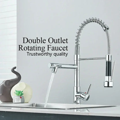 Chrome and black dual spout brass kitchen faucet with chrome finish and flexible coiled hose decorbites dual spout design