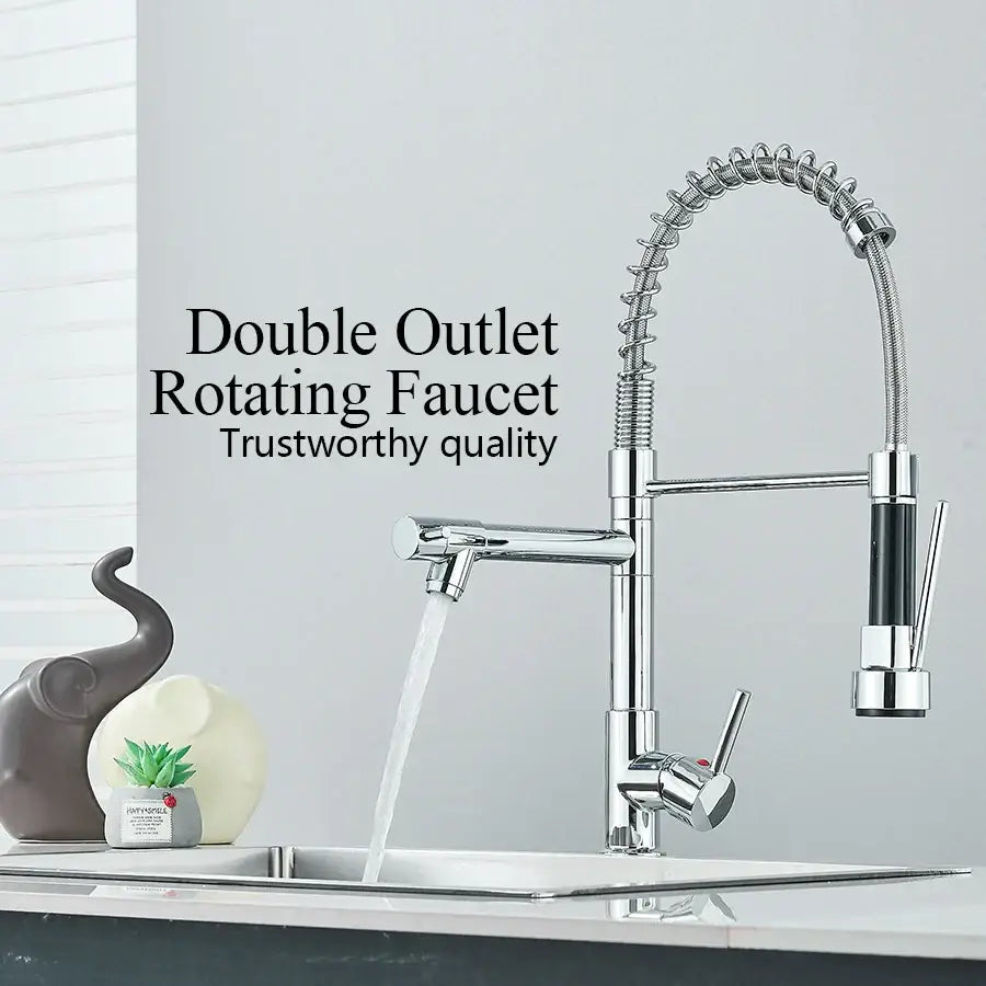 Chrome and black dual spout brass kitchen faucet with chrome finish and flexible coiled hose decorbites dual spout design