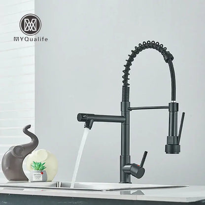 Black matte-finish dual spout brass kitchen faucet with coiled spring spout and pull-down spray head by decorbites