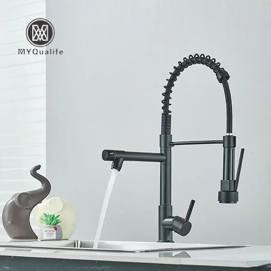 Black matte-finish dual spout brass kitchen faucet with coiled spring spout and pull-down spray head by decorbites