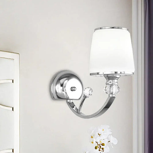 Chrome and white glass wall lamp with frosted shade and crystal accents as a head wall light fixture for bedroom