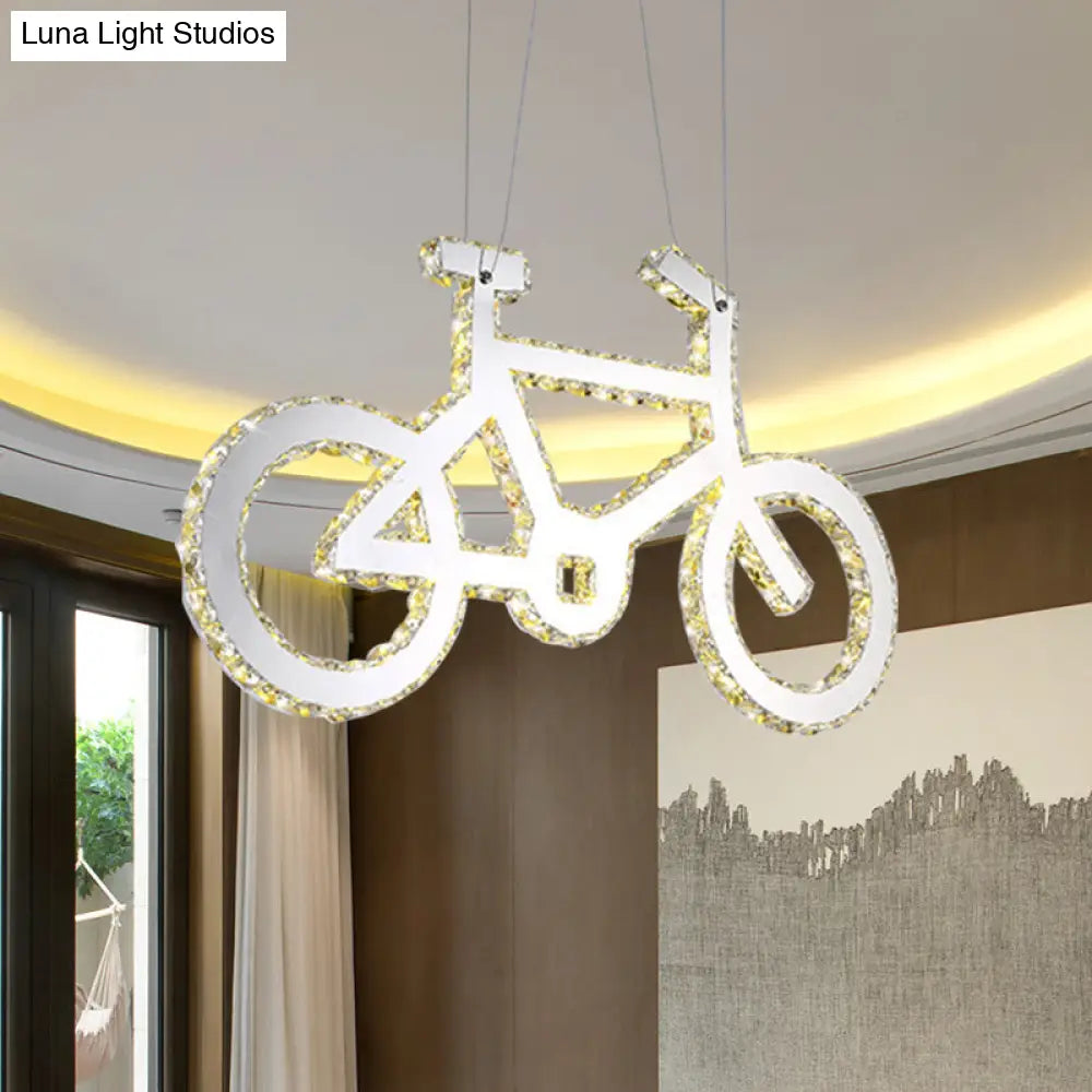 Lámpara de araña colgante LED de cristal con forma de bicicleta cromada para salón
