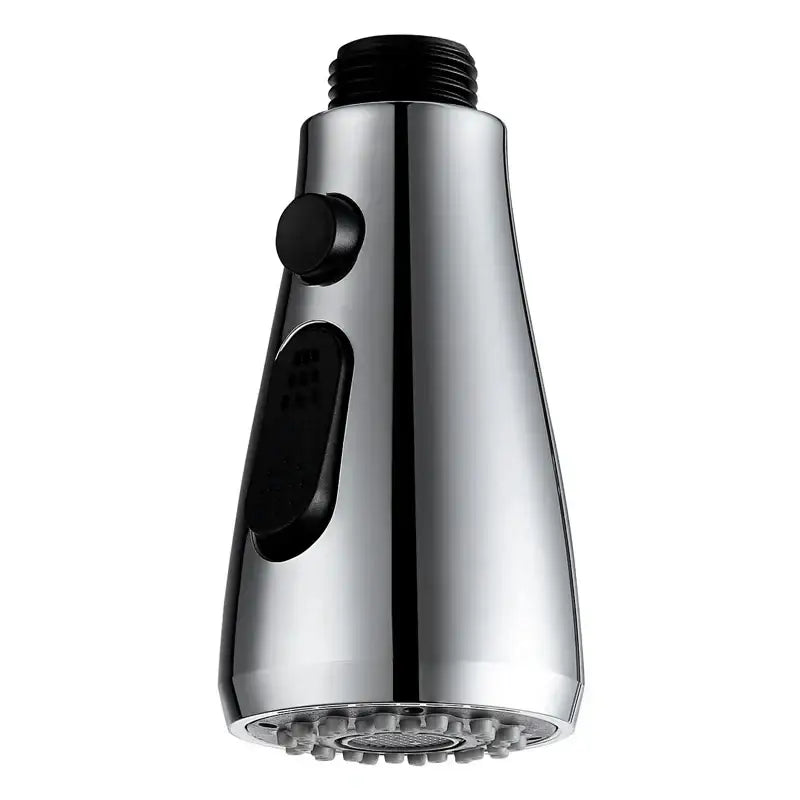 Chrome and black kitchen faucet small shower head replacement with multi-setting nozzle and black control knobs
