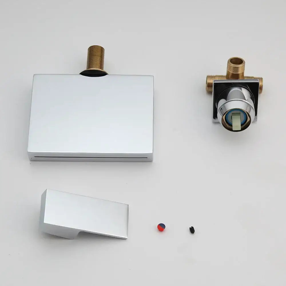 Modern chrome and black led waterfall bathtub faucet bathroom wall mount with rectangular spout and separate control valve for decorbites led waterfall use