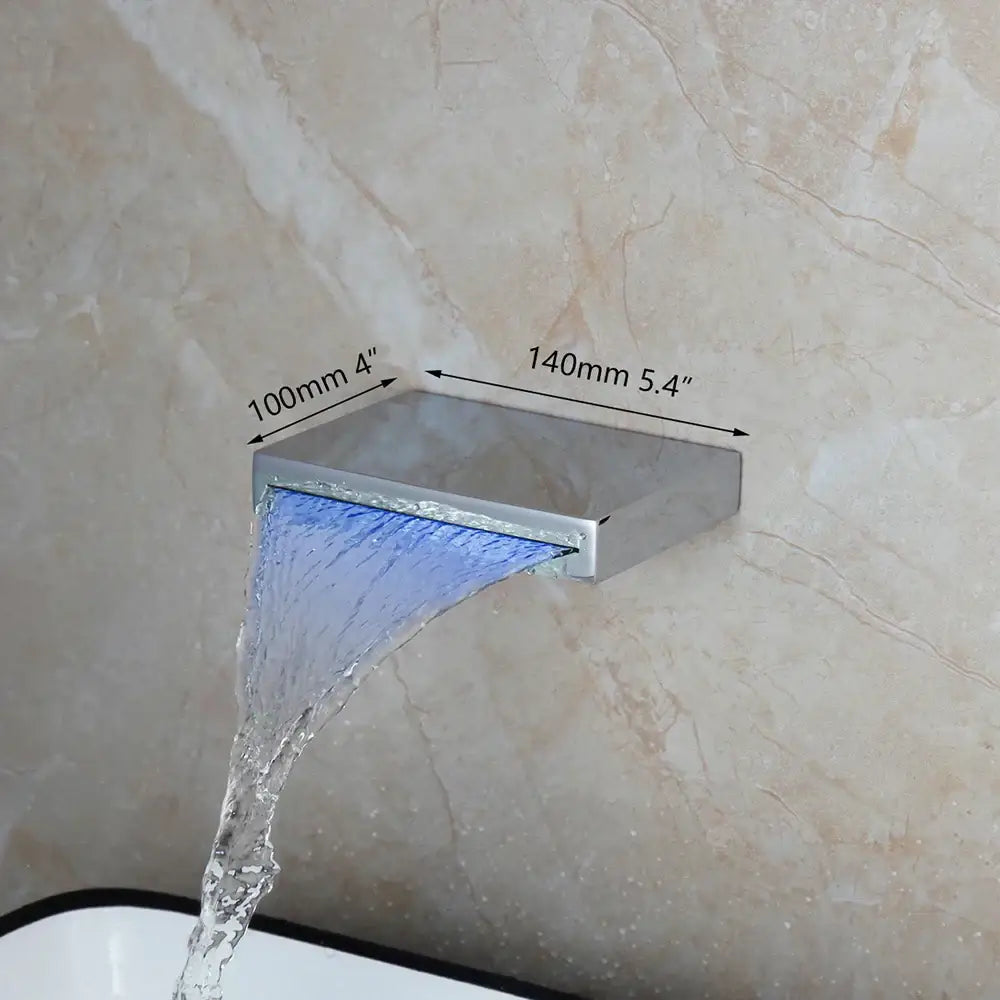 Chrome and black led waterfall bathtub faucet with chrome-finished rectangular showerhead featuring decorbites led waterfall lighting