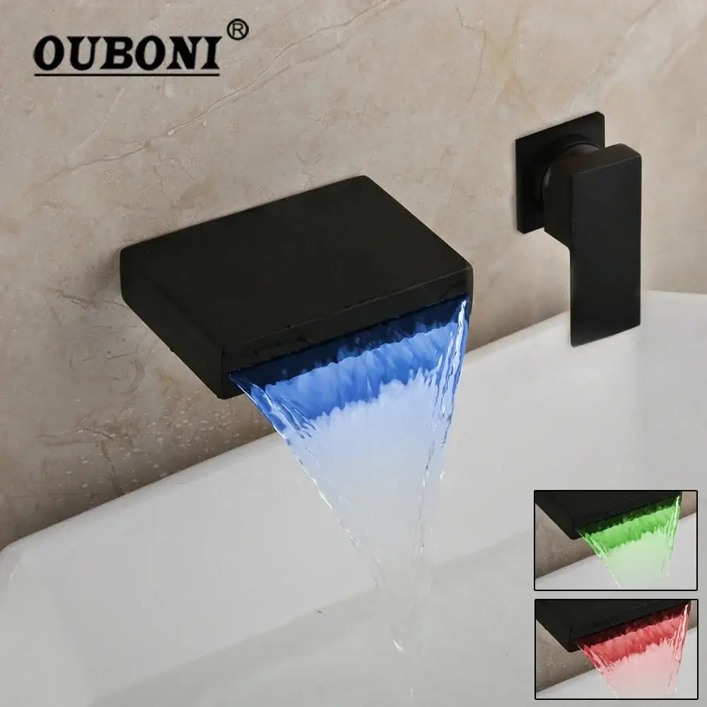 Black ouboni waterfall bathtub faucet with led color-changing water flow for decorbites led waterfall bathroom wall mount