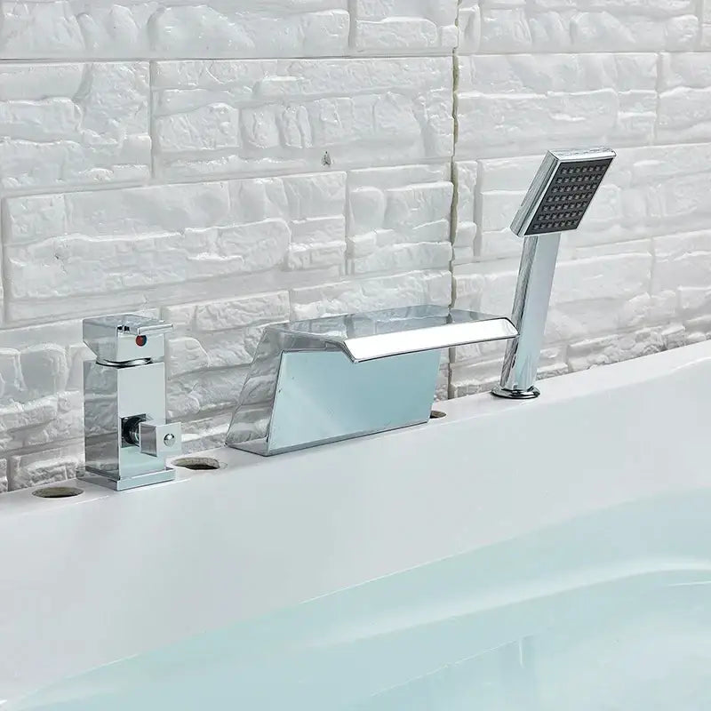 Chrome brass bathroom faucet waterfall bathtub tap with integrated showerhead and rectangular spout by decorbites brass bathroom