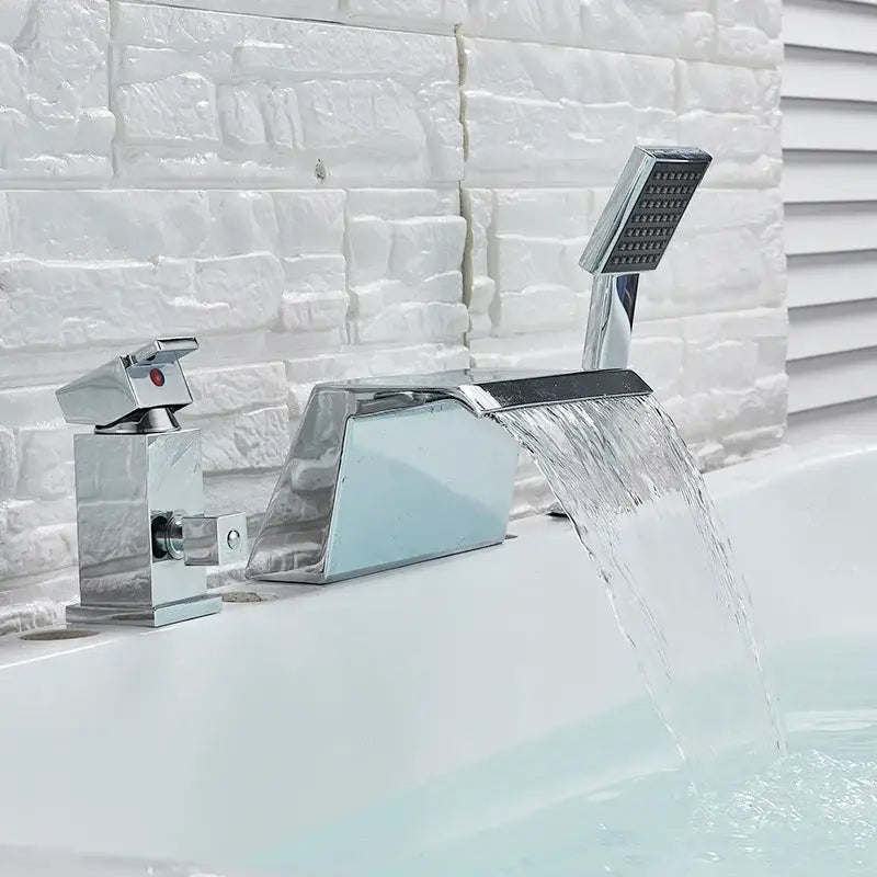 Chrome brass bathroom faucet with waterfall spout and integrated handheld showerhead by decorbites brass bathroom