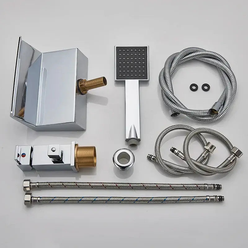 Modern chrome brass bathroom faucet waterfall bathtub tap with square handheld showerhead and flexible braided hoses by decorbites brass