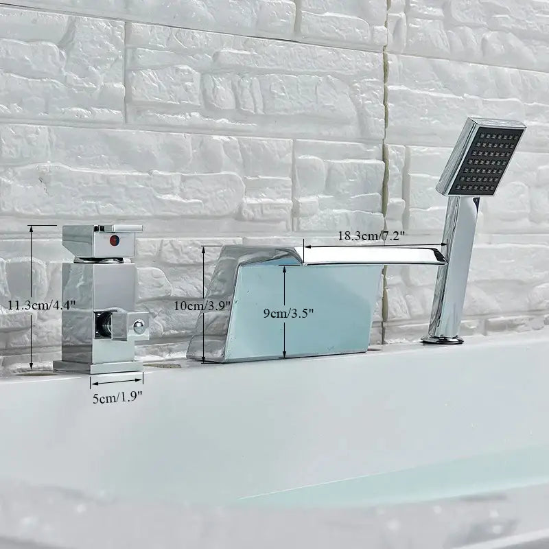 Modern chrome brass bathroom waterfall bathtub faucet with integrated showerhead and sleek angular decorbites brass design