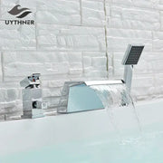 Chrome brass bathroom faucet waterfall bathtub tap with showerhead featuring a rectangular spout by decorbites brass bathroom