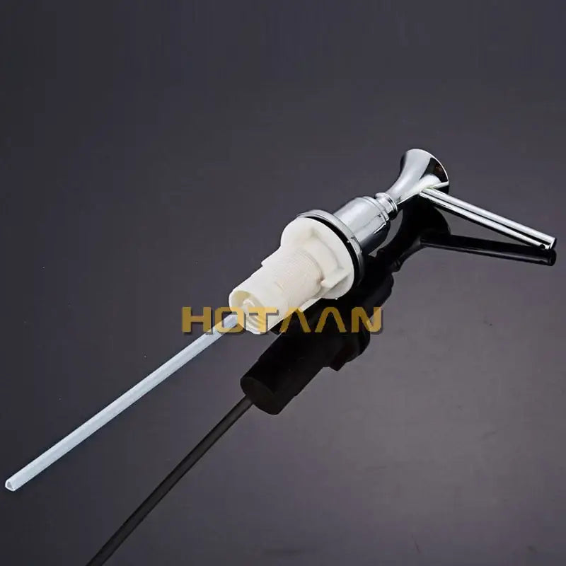 Chrome brass head stainless steel soap dispenser with a white plastic pump head and black base for kitchen sink use