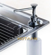 Chrome brass head stainless steel soap dispenser with sleek cylindrical body and flat-topped pump handle for kitchen sink