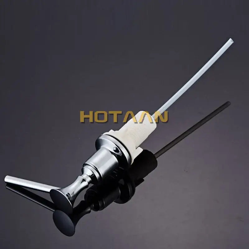 Chrome brass head stainless steel soap dispenser with white plastic body, black rubber handles, and dual slender nozzles