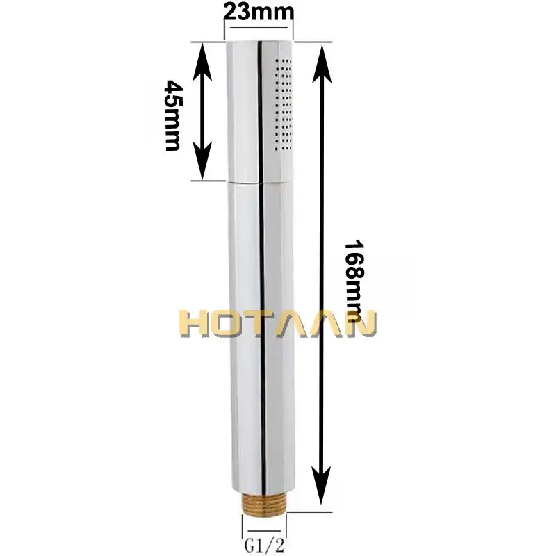 Silver chrome brass handheld shower head with sleek cylindrical design and perforated spray face for water saving use
