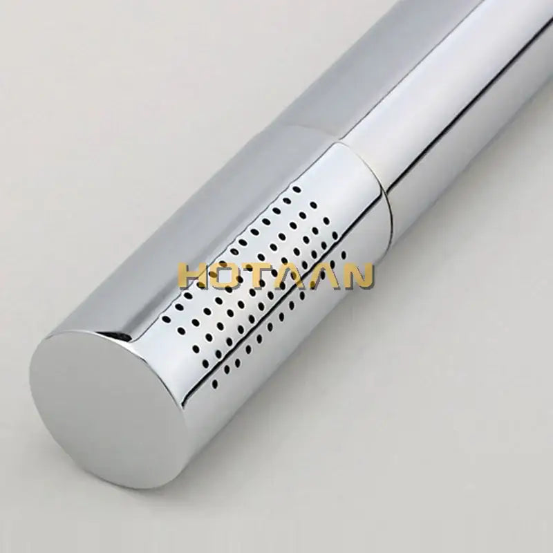 Chrome brass handheld shower head with a sleek cylindrical design and evenly spaced perforations for water saving use