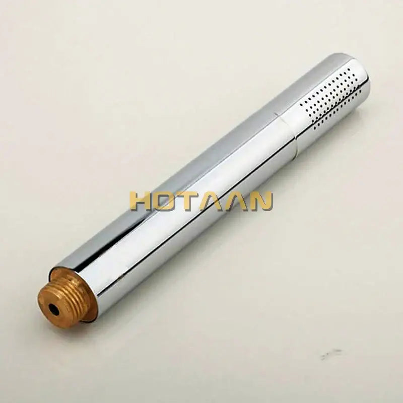 Chrome brass handheld shower head with water saving feature and perforated spray face with brass threaded connection