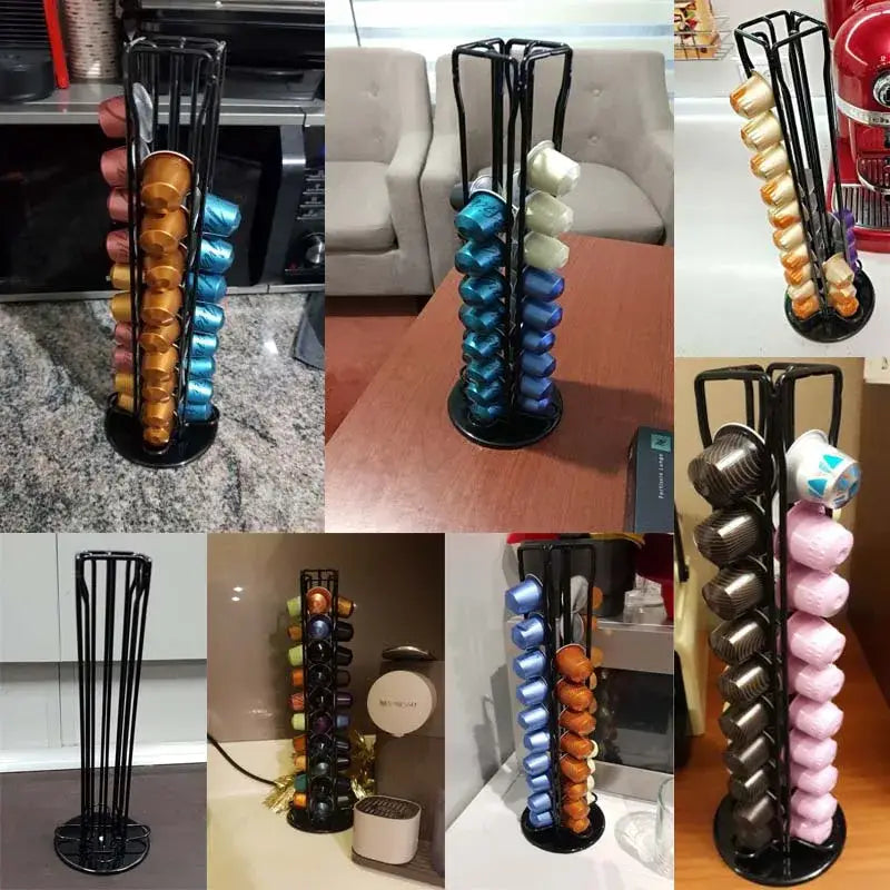Black metal coffee capsule tower stand with multiple vertical slots holding colorful nespresso capsules decorbites coffee capsule organizer