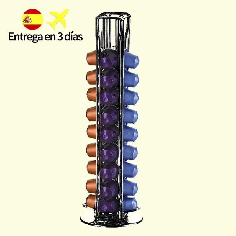 Chrome coffee capsule tower stand with chrome finish holding alternating brown and blue nespresso pods by decorbites
