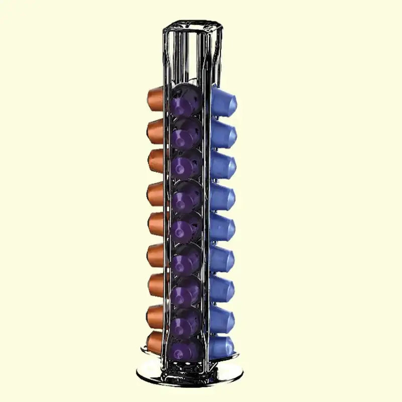 Chrome coffee capsule tower stand with chrome finish holding purple blue and brown nespresso capsules by decorbites coffee capsule organizer